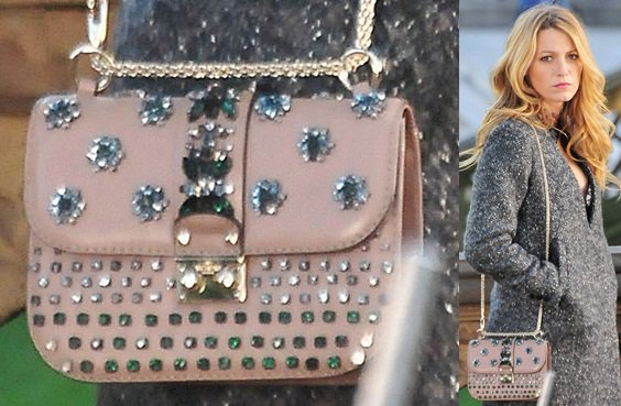 Blake Lively filming for Gossip Girl in New York, carrying the elegant Valentino Glam Lock Flap Bag, a testament to Serena's impeccable style