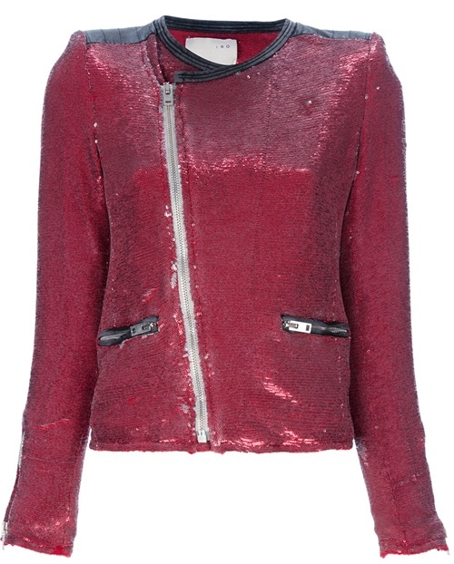 IRO Sequined Moto Jacket in Red, originally retailing for $884 — a high-shine, stage-ready piece that balances rock-and-roll edge with Parisian tailoring