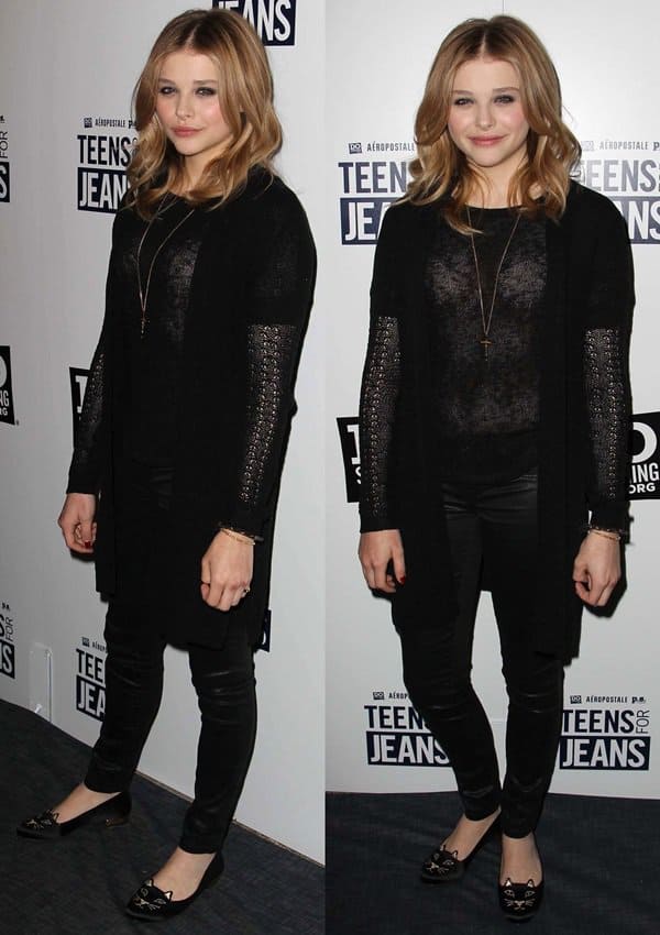 Chloë Grace Moretz celebrated the launch of the Teens for Jeans campaign with DoSomething.org and Aeropostale, promoting jean donations for homeless teens while stylishly wearing a Dominic Jones cross pendant necklace, Dolce Gabbana stretch-leather skinny pants, and Charlotte Olympia kitty embroidered velvet flats