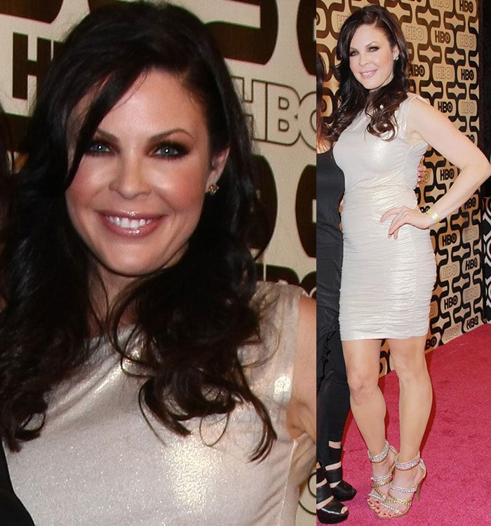 Christa Campbell shines in a shimmering metallic gold dress paired with elegant strappy crystal-embellished heels