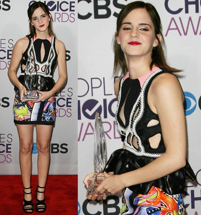 Emma Watson showcases a bold Peter Pilotto dress with cutouts, a peplum waist, and a colorful printed skirt at the 39th Annual People's Choice Awards