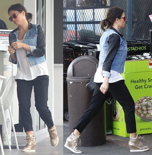 Jenna Dewan-Tatum shows how to effortlessly combine comfort and style with her metallic wedge sneakers and casual maternity look, featuring a denim jacket, white tee, and cropped black pants