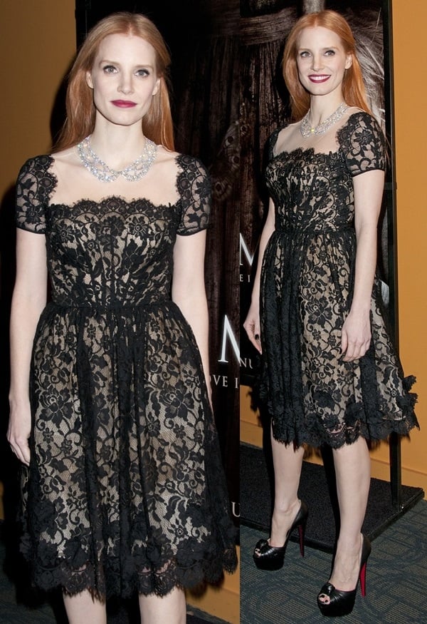 The actress looked elegant in a black lace cocktail dress paired with statement jewels at the Mama premiere