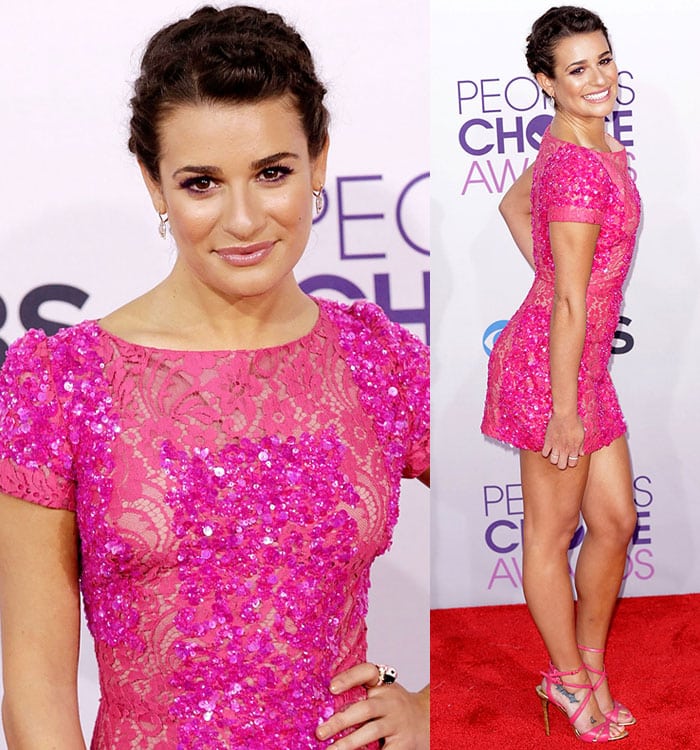 Lea Michele sparkles in a custom pink sequin and lace Elie Saab minidress at the 39th Annual People's Choice Awards