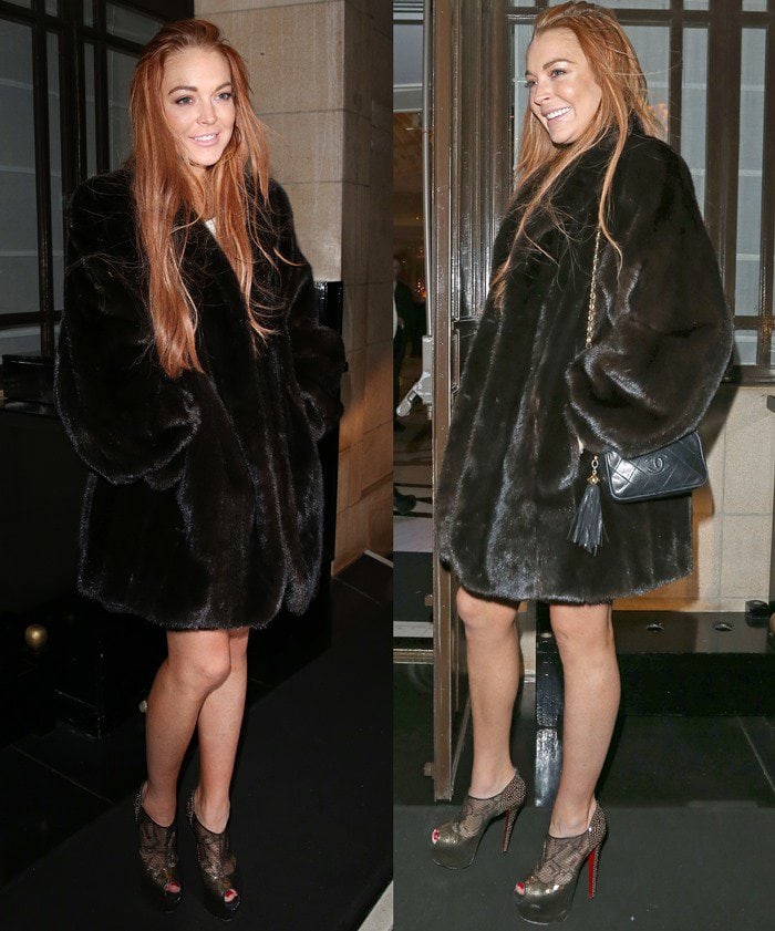 Lindsay Lohan steps out in a luxurious brown fur coat paired with bold Christian Louboutin lace platform heels