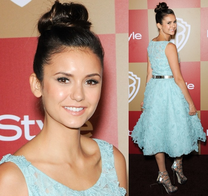 Nina Dobrev channels ethereal elegance in a light blue Oscar de la Renta lace dress with a cinched silver belt, paired with sparkling Jimmy Choo 'Blast' platform cage sandals for a dreamy after-party look
