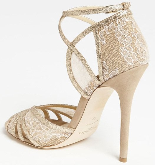Jimmy Choo 'Fitch' Glitter Lace Sandals in Gold