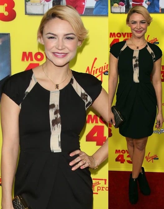 Samaire Armstrong steps onto the Movie 43 red carpet in a black cap-sleeve dress with abstract panel detailing, finishing the look with black ankle booties and a snake-printed minaudière