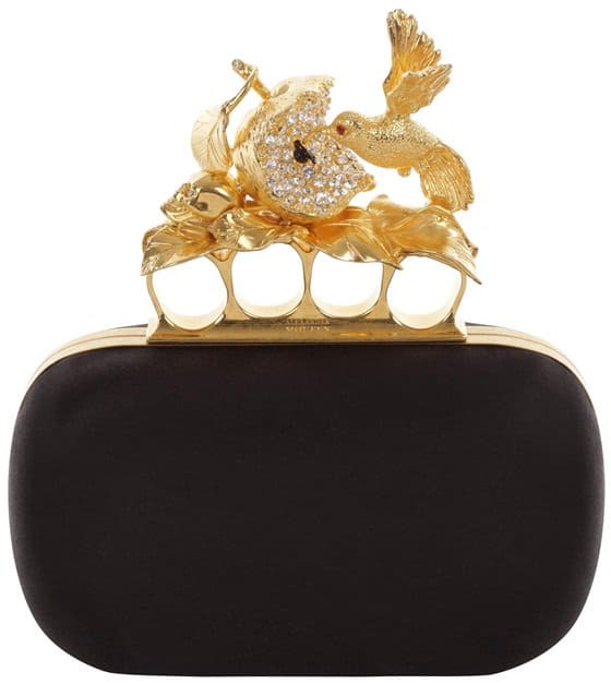 Alexander McQueen Black Satin Apple Hummingbird Knucklebox Clutch