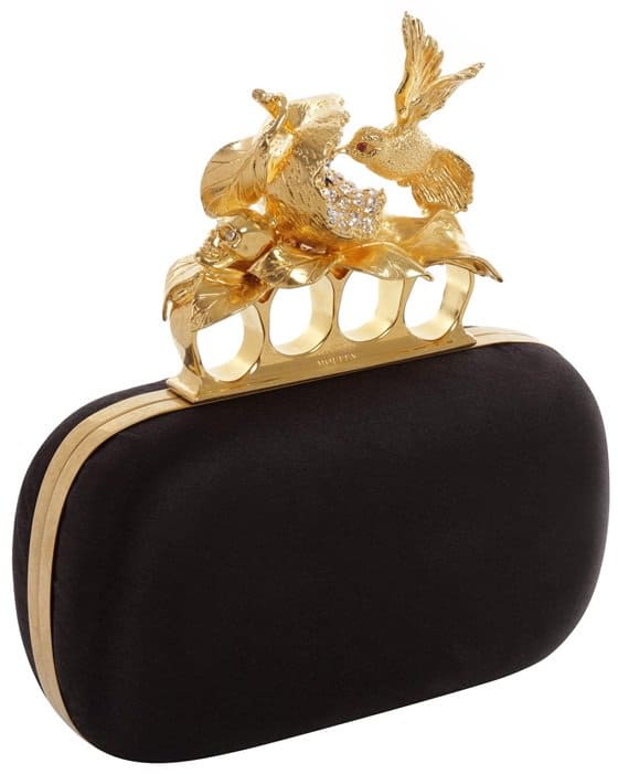 Alexander McQueen Black Satin Apple Hummingbird Knucklebox Clutch