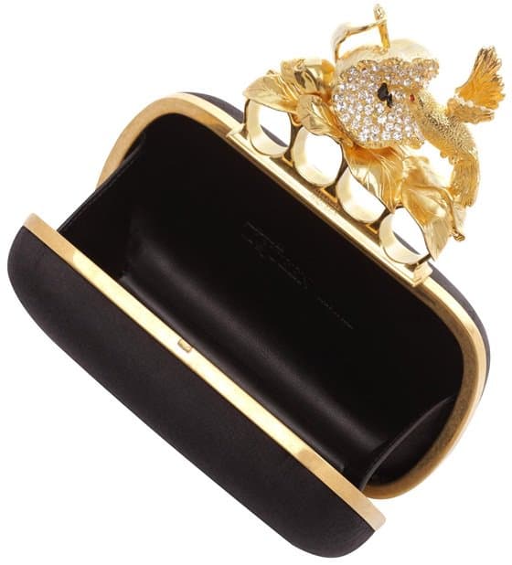 Alexander McQueen Black Satin Apple Hummingbird Knucklebox Clutch