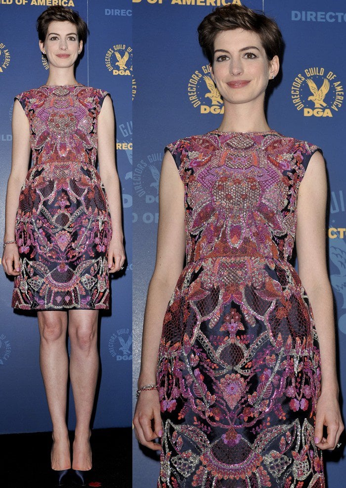 Anne Hathaway flaunts her legs in a beautiful Valentino Fall 2012 Couture dress