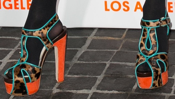 Jennifer Lopez's brightly trimmed animal-print platform sandals