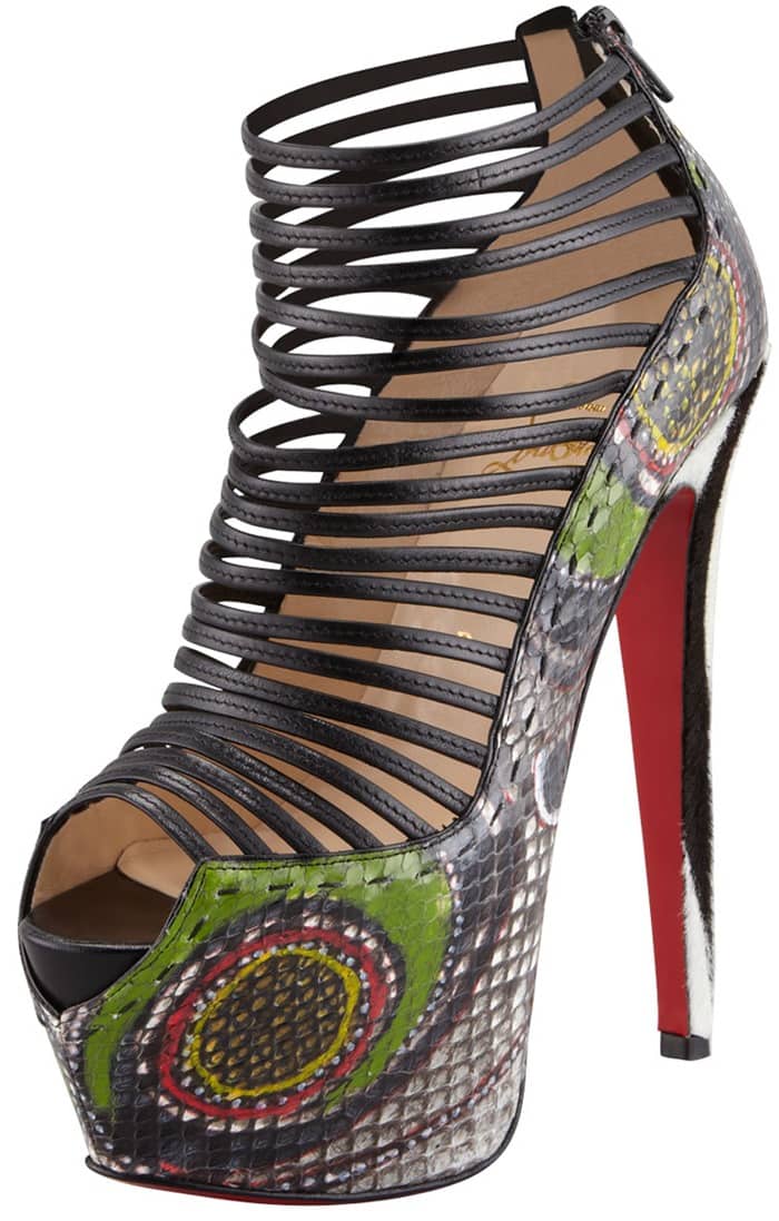 The rare hand-painted python version of Christian Louboutin's "Zoulou" sandal elevates the style's signature cage-like silhouette with exotic leather, vibrant circular motifs, and a towering 160mm heel, making it one of the most sought-after collector editions from the Spring 2013 collection