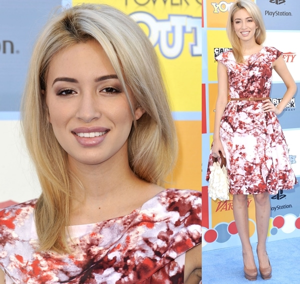 Christian Serratos in a floral dress and nude Saint Laurent Tribute platform pumps at Variety's Power of Youth