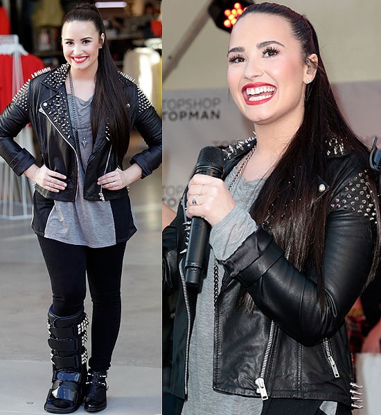 Demi Lovato rocks another leather jacket at the Topshop Topman LA Grand Opening