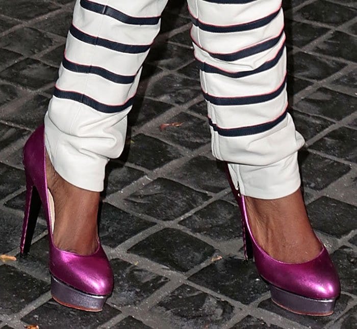Estelle steps out in bold fuchsia metallic Charlotte Olympia pumps