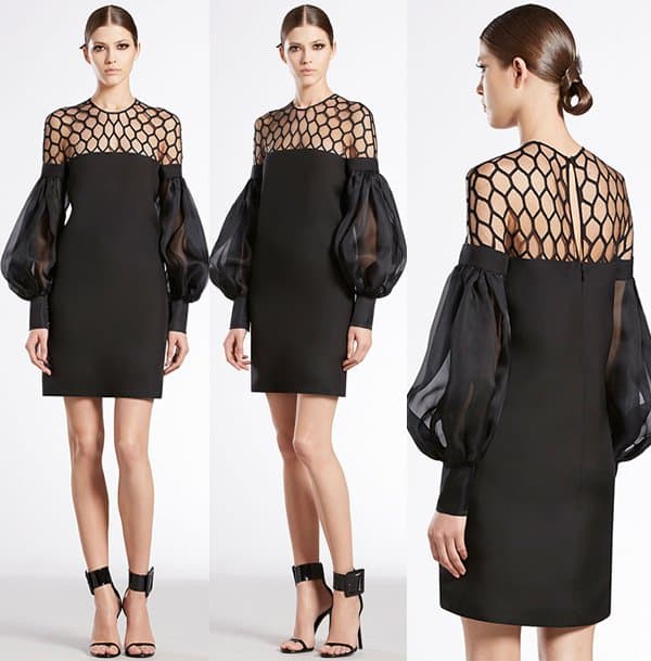 Gucci Hive Tulle Puff-Sleeve Silk Dress