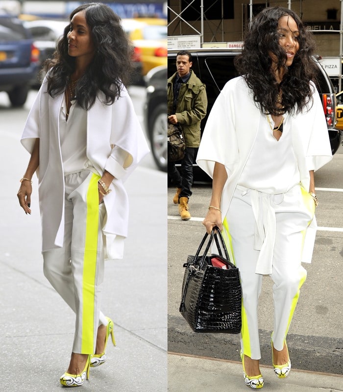 Stepping out in Manhattan, Jada pairs a flowing white ensemble with neon-striped trousers and bold Nicholas Kirkwood pumps that echo the vibrant color accents