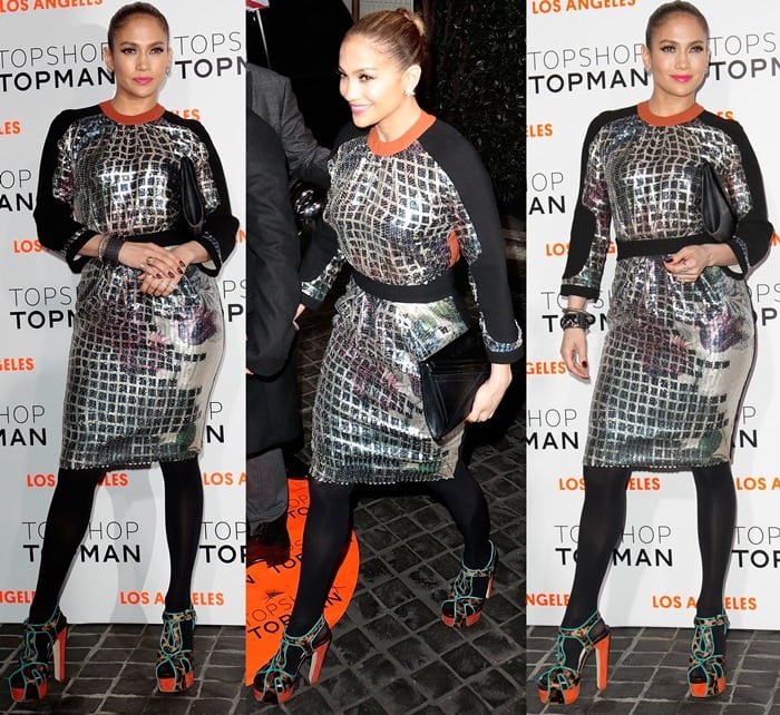 Jennifer Lopez paired her shimmery color-block dress with black tights