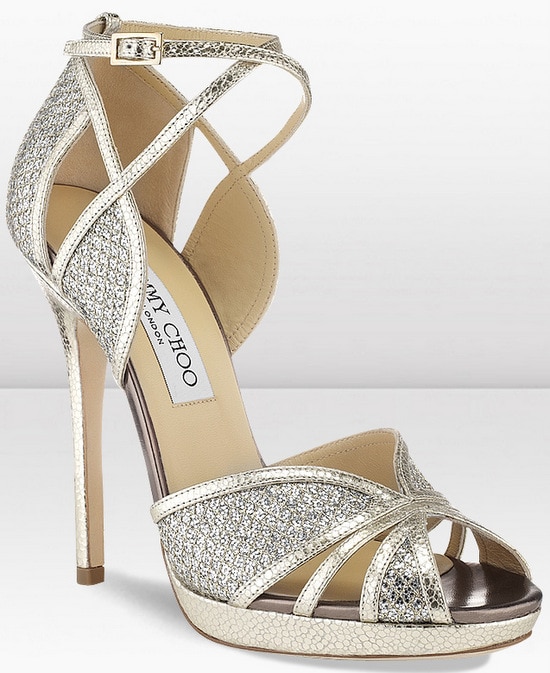 A glittering variation of the Fayme design showcases a fully metallic finish, offering a more luminous take on the same Spring 2013 sandal style