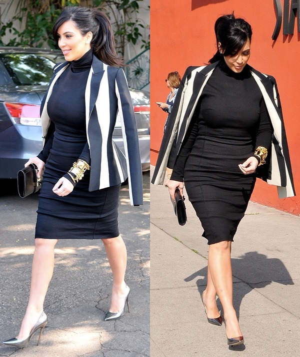 Kim Kardashian steps out in Los Angeles on February 6, 2013, pairing metallic Jimmy Choo “Anouk” pumps with a sleek black dress and a striped Lanvin blazer for a sharply tailored maternity street-style moment