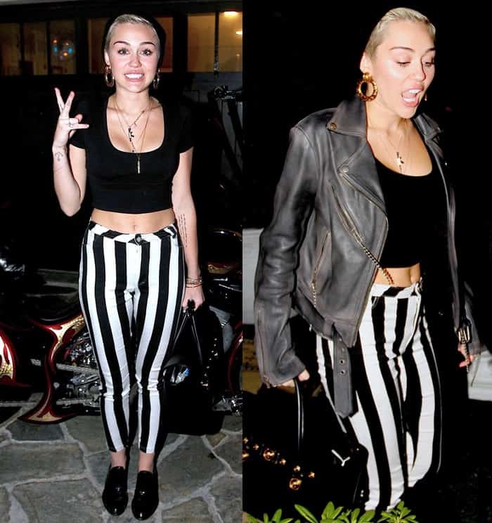 Miley Cyrus rocks bold black-and-white striped Motel skinny jeans paired with a cropped Topshop tee and sleek loafers, adding edge with gold hoops, a Chanel bag, and a classic black leather jacket during Lil’ Kim and Tiffany Foxx’s “Twisted” music-video shoot in Hollywood