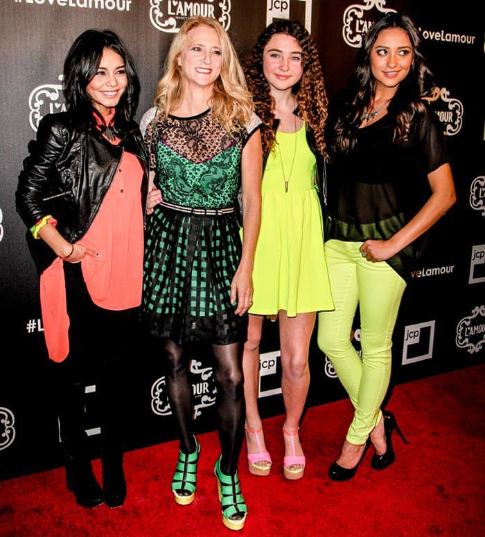 Vanessa Hudgens (far left) and Shay Mitchell (far right) bring bold color to the red carpet alongside Nanette and Violet Lepore (center), all showcasing playful neon outfits and standout shoes at the L'Amour by Nanette Lepore for JCPenney launch party in NYC on January 24, 2013