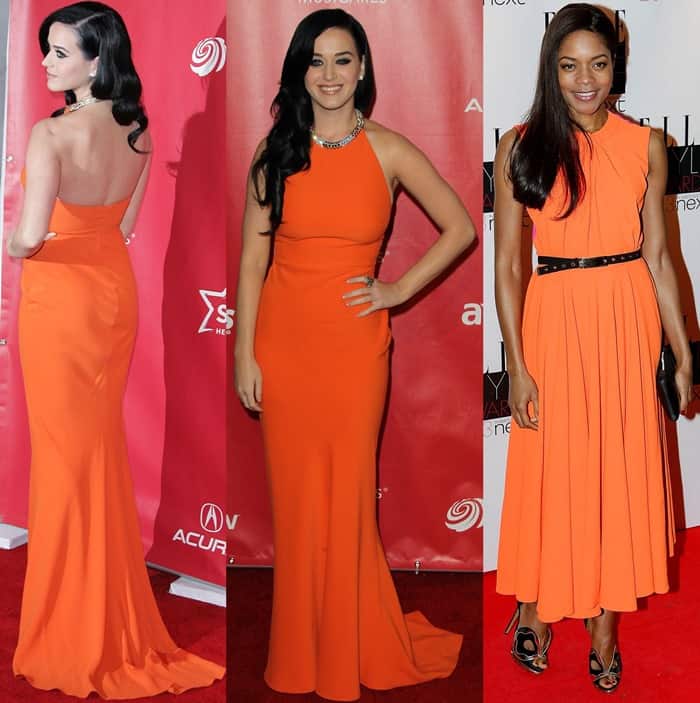 Katy Perry and Naomie Harris wearing stunning orange dresses on the red carpet