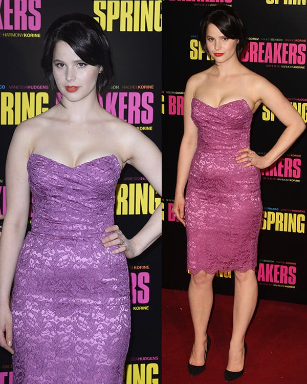 Rachel Korine exudes elegance in a classic Dolce Gabbana piece at the 'Spring Breakers' Paris premiere, Le Grand Rex