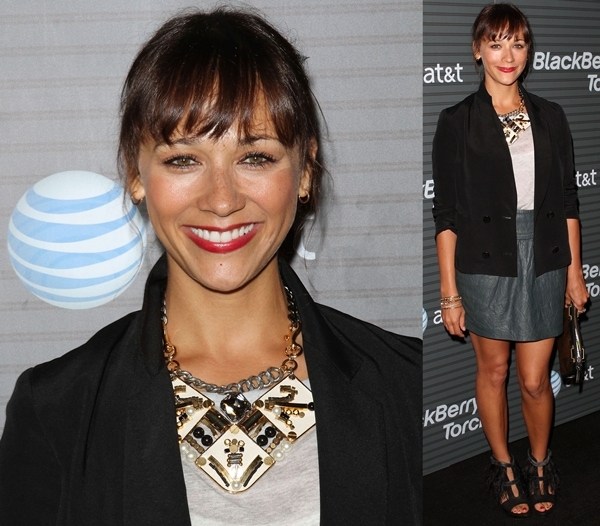 Rashida Jones brings a chic edge to the BlackBerry Torch launch event, pairing a statement necklace with a casual tee, black blazer, and fringed heels
