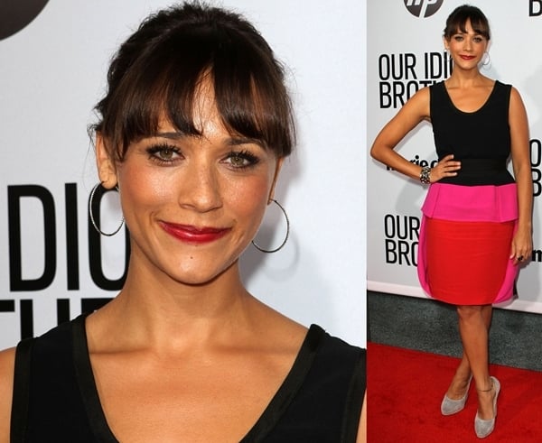 Rashida Jones stuns in a color-blocked skirt paired with grey suede Casadei pumps at the Our Idiot Brother Los Angeles premiere