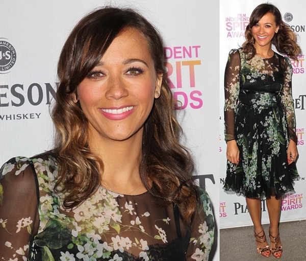 Rashida Jones stuns in a floral print dress and Nicholas Kirkwood heels