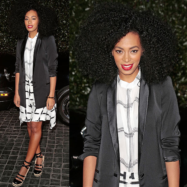 Solange Knowles exudes effortless chic in a monochrome Topshop Unique ensemble featuring a satin-lapeled blazer, checkered print shirt, and matching shorts, styled with bold Chanel Spring 2013 striped platform heels at the Topshop and Topman LA Opening Party held at Cecconi's in West Hollywood, California, on February 13, 2013
