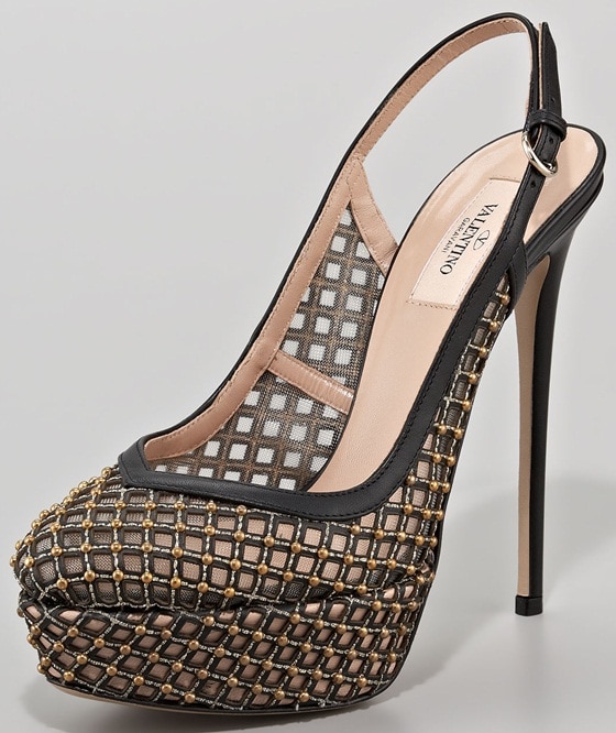 Valentino Studded Lattice Platform Slingback Pumps in Black