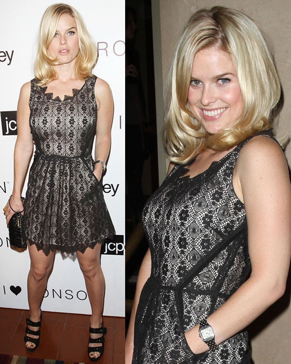 Alice Eve flaunted her legs in a black lace dress paired with strappy black sandals and a matching clutch