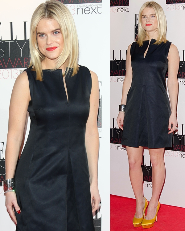 Alice Eve adds a pop of color to her classic black dress with bold yellow heels, making a stylish statement at the Elle Style Awards 2013