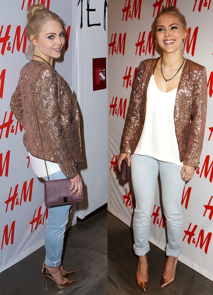 AnnaSophia Robb wears a sequined jacket with cuffed denim jeans at the HM "Denim Days" event