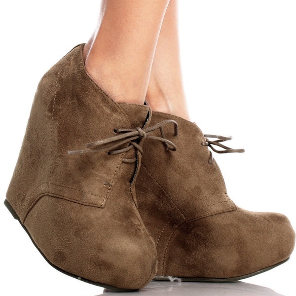Beige Suede Lace-Up Wedges