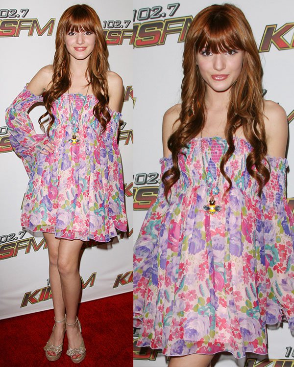 Bella Thorne embraces a boho-chic vibe in a floral off-the-shoulder dress paired with strappy platform heels at the KIIS FM Wango Tango event