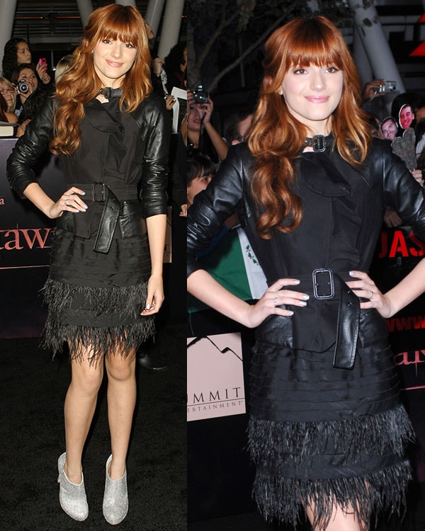 Bella Thorne exudes edgy elegance in a black feathered mini dress and silver glitter ankle boots at The Twilight Saga: Breaking Dawn – Part 1 premiere
