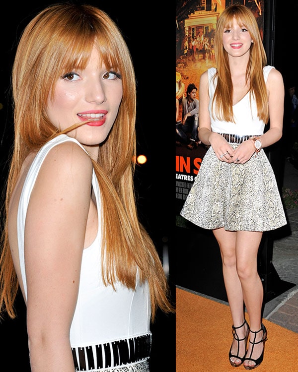 Bella Thorne shines in a chic white top and snakeskin-printed skirt paired with strappy black heels at the Fun Size movie premiere