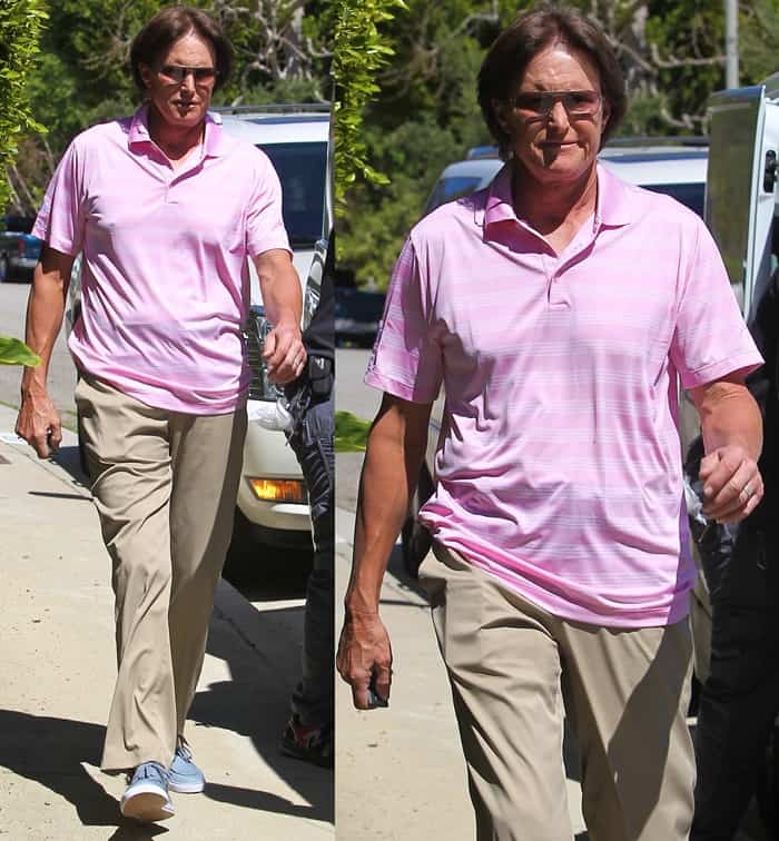Caitlyn Marie Jenner, formerly known as Bruce Jenner, keeps it casual in a pink striped polo shirt, khaki trousers, and blue sneakers while filming scenes for the Kardashian family’s reality show on March 14, 2013