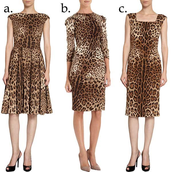 a. Dolce Gabbana Leopard Flare Dress, $1,595 / b. Dolce Gabbana Press Pleat Leopard Dress, $2,025 / c. Dolce Gabbana Square Neck Leopard Dress, $1,675