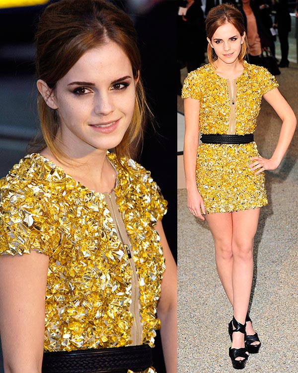 Emma Watson dazzles in a gold embellished mini dress paired with black strappy heels