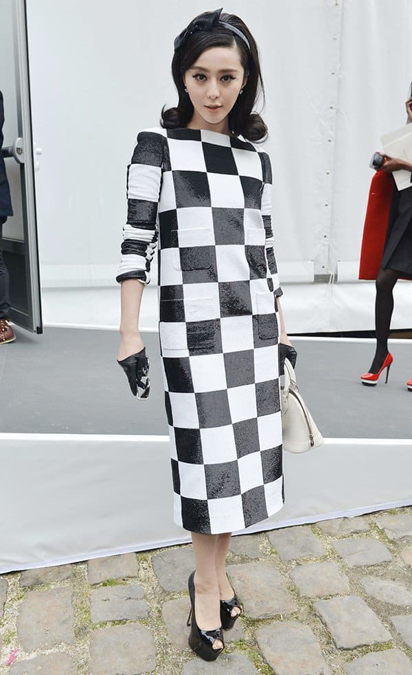 Fan Bingbing at Paris Fashion Week - Autumn/Winter 2013 - Louis Vuitton Fan Bingbing in a striking black and white checkered dress at the Louis Vuitton Fall/Winter 2013 Ready-to-Wear show