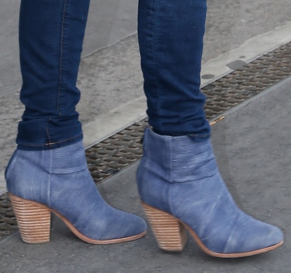 Jessica Chastain wears denim blue Rag Bone booties out in Paris