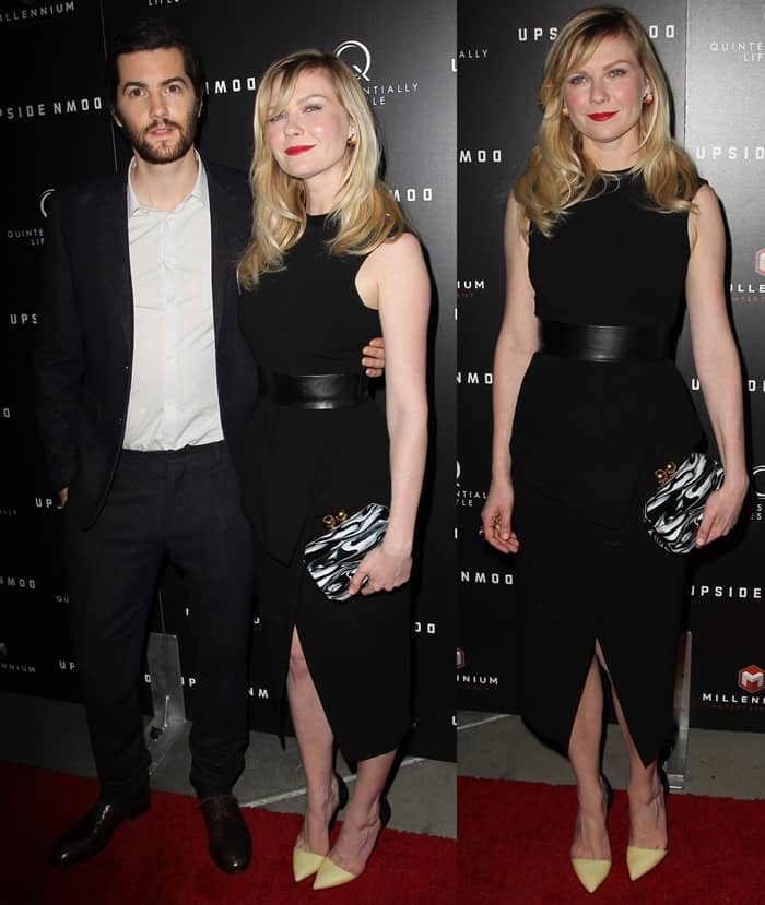 Kirsten Dunst joins co-star Jim Sturgess at the Los Angeles premiere of Upside Down at ArcLight Hollywood on March 12, 2013, wearing a sleek sleeveless black Proenza Schouler dress cinched with a leather waist belt, pale yellow pointed-toe pumps, and a marbled Stella McCartney clutch