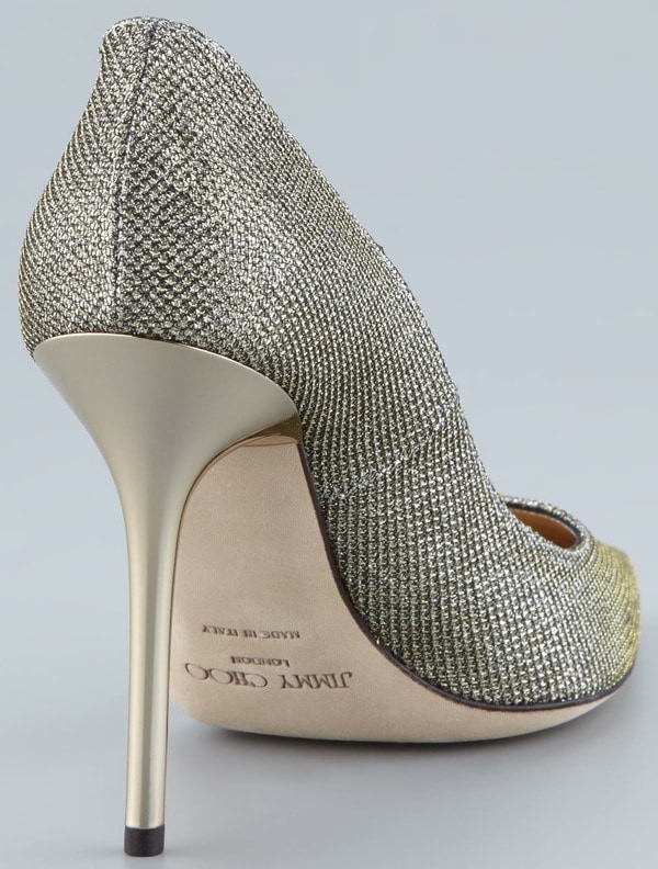 Jimmy Choo “Abel” 100mm glitter lamé pointed-toe pumps in light bronze, priced at $595 at the time of release