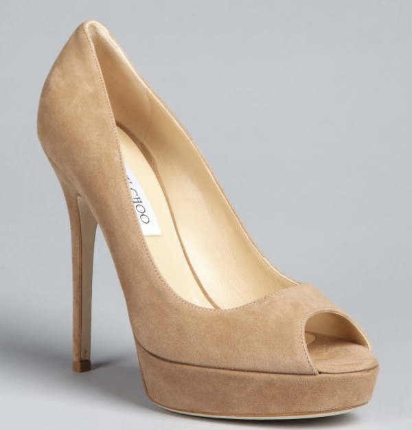 Jimmy Choo Nude Suede "Crown" Peep Toes